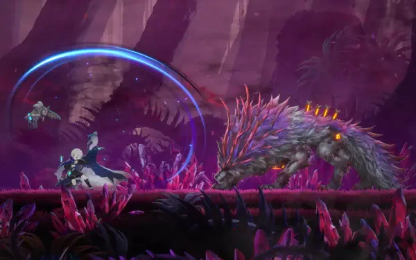 A vibrant scene from the video game Ender Magnolia: Bloom In The Mist, featuring a character battling a monstrous creature amidst striking purple crystals and an enchanting background.