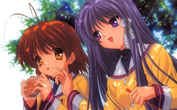 HD PC desktop wallpaper featuring Kyou Fujibayashi and Nagisa Furukawa from the anime Clannad, showcasing vibrant colors and detailed character art.