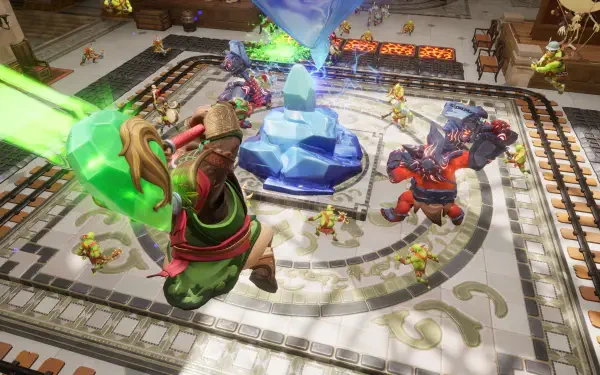 HD desktop wallpaper featuring a dynamic scene from Orcs Must Die! Deathtrap, showcasing heroes battling against waves of whimsical enemies in an intricate arena.