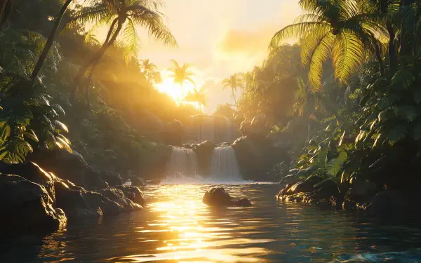 A serene landscape during golden hour, featuring lush palm trees and a tranquil waterfall cascading into a reflective pool, embodying the beauty of nature in fall.