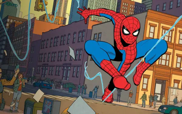 HD PC desktop wallpaper featuring Spider-Man swinging through a vibrant cityscape, capturing the essence of Your Friendly Neighborhood Spider-Man in dynamic action.