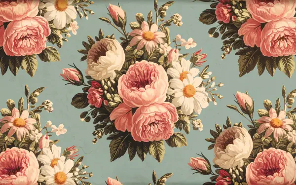 A vintage floral design features lush pink peonies and delicate daisies against a soft blue background, showcased in this vibrant 4K Ultra HD desktop wallpaper.