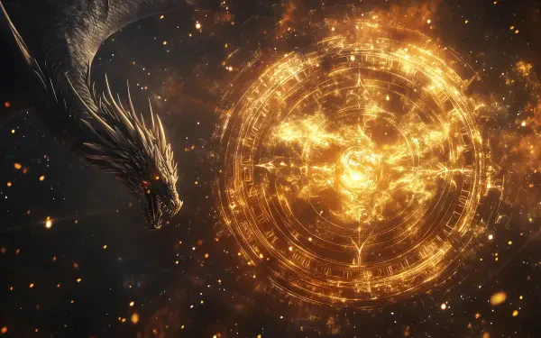 A majestic dragon hovers near a glowing fantasy portal, surrounded by sparkling cosmic elements. This striking image serves as an HD PC desktop wallpaper and background.