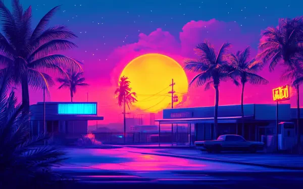 A vibrant vaporwave cityscape featuring neon lights, palm trees, and a large sunset, creating a retro-futuristic atmosphere ideal for HD desktop backgrounds.