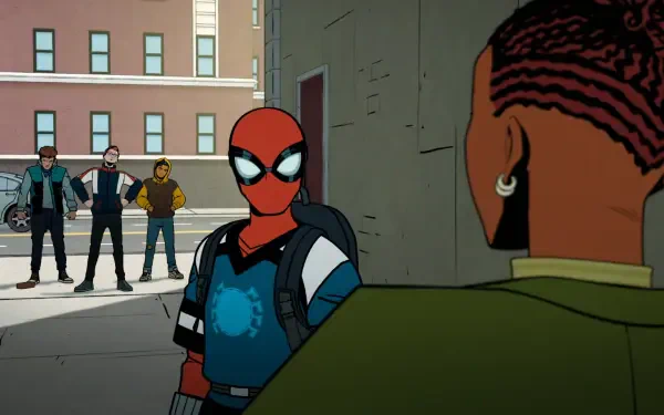A vibrant scene from the TV show Your Friendly Neighborhood Spider-Man, featuring Spider-Man interacting with characters in an urban setting, designed as a 4K Ultra HD desktop wallpaper.