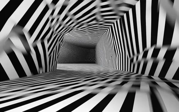 Abstract black and white geometric art featuring 3D patterns that create an illusion of infinite depth, designed as a high-definition desktop wallpaper.
