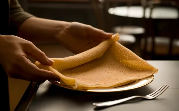 A close-up of hands gently folding a golden crêpe on a plate, with a fork beside it, set in a cozy café atmosphere. 4K Ultra HD PC desktop wallpaper and background.