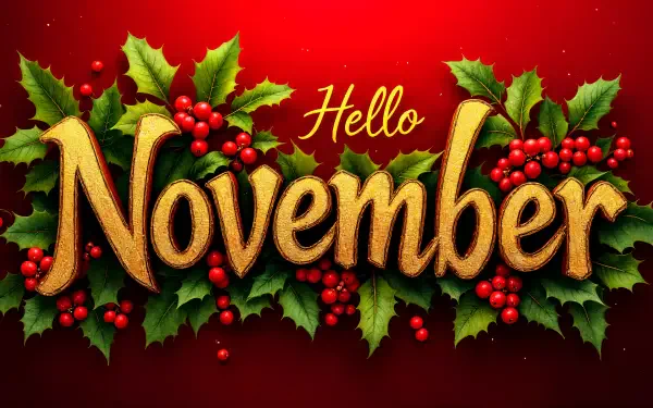 A vibrant 4K Ultra HD wallpaper featuring the greeting Hello November adorned with lush green leaves and red berries against a rich red background.