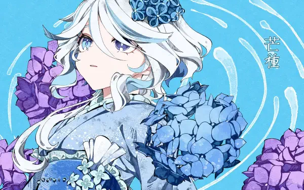 HD PC desktop wallpaper of Furina from the video game Genshin Impact: white-haired girl in an ornate blue outfit surrounded by blue and purple hydrangeas on a swirling cyan background.