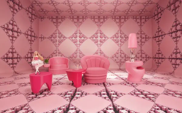 A vibrant, 4K Ultra HD wallpaper featuring a Barbiecore-inspired room filled with pink furniture and decor, creating a whimsical and feminine atmosphere.