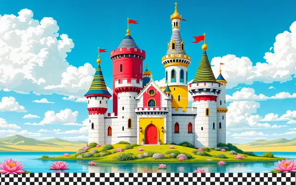 A vibrant fairytale castle stands majestically by a serene lake, surrounded by lush greenery and colorful flowers, against a bright blue sky. 4K Ultra HD PC desktop wallpaper.