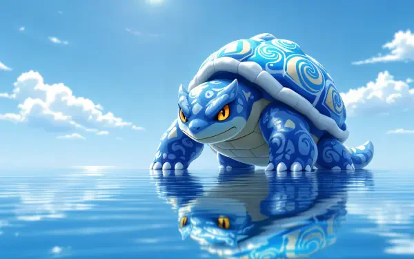 A vibrant 4K Ultra HD wallpaper featuring a blue turtle-like creature with striking yellow eyes, set against a clear blue sky and tranquil water, reflecting its dynamic design.