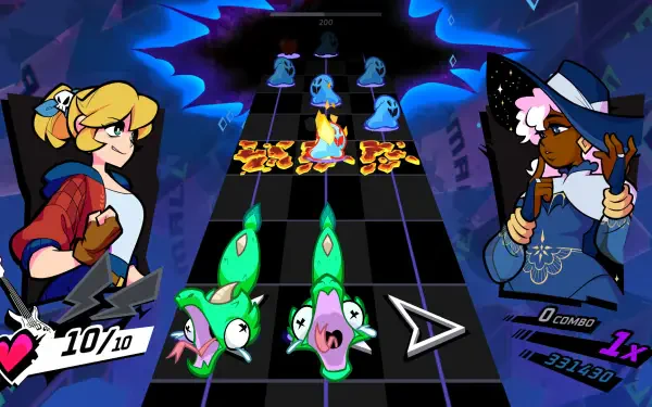 Colorful HD wallpaper from the video game Rift of the NecroDancer, featuring dynamic characters and rhythmic gameplay elements against an energetic background.
