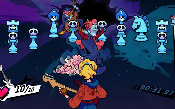 A vibrant HD wallpaper from the video game Rift of the NecroDancer, featuring colorful characters in a dynamic musical battle against chess pieces in a cosmic setting.