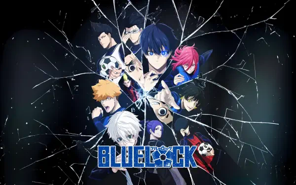4K Ultra HD Blue Lock PC desktop wallpaper featuring key characters from the anime, displayed through a shattered glass effect with the Blue Lock logo at the bottom center.