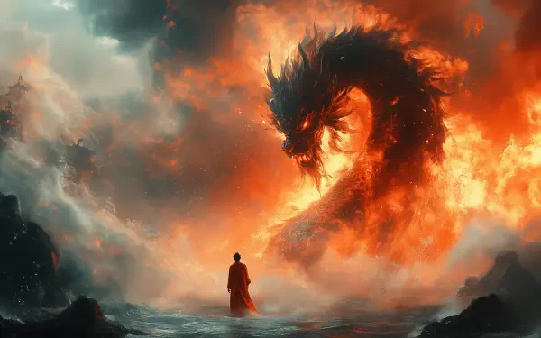A towering dragon engulfs the sky in flames as a lone figure stands on rocky terrain, rendered in vivid 4K Ultra HD AI art for a striking PC desktop wallpaper.