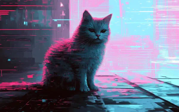 A glitchcore-inspired cat sits amidst a cyberpunk backdrop, blending vibrant pink and blue hues in this HD desktop wallpaper.