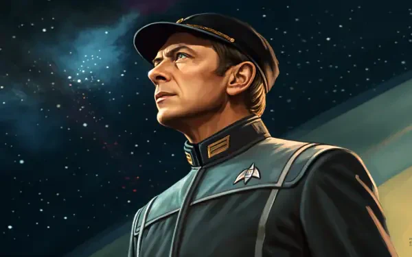 A starship captain gazes into the cosmos, depicted in a striking 4K Ultra HD artwork, embodying leadership and adventure against a backdrop of stars.