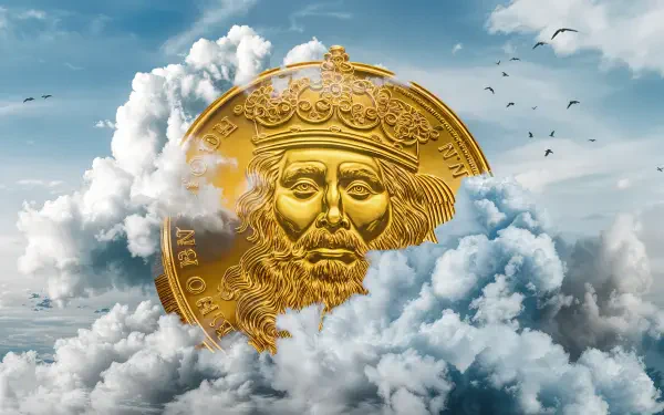 A striking gold coin emerges from swirling clouds, set against a serene sky, designed as a 4K Ultra HD PC desktop wallpaper and background.