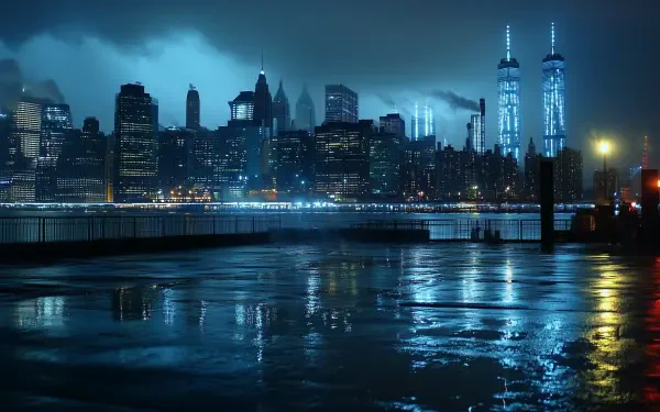 A stunning cityscape at night, featuring a blue skyline reflected on wet surfaces. This HD wallpaper captures the vibrant lights of an urban landscape, creating a serene atmosphere.