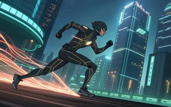 A dynamic scene featuring a data runner sprinting through a futuristic cityscape, illuminated by neon lights, captured in vibrant 4K Ultra HD.