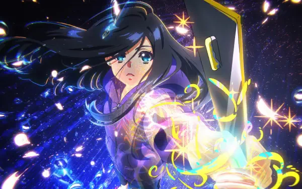 Anime-inspired 4K Ultra HD wallpaper featuring Zenshu's character Natsuko Hirose wielding a sword, surrounded by vibrant colors and sparkling elements.