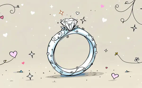 A beautifully illustrated wedding ring adorned with a diamond, surrounded by whimsical hearts and sparkles, serve as an enchanting 4K Ultra HD PC desktop wallpaper and background.