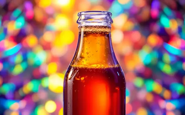 A close-up view of a glass bottle of kombucha, featuring vibrant bubbles and a colorful bokeh background, showcasing a 4K Ultra HD aesthetic for a desktop wallpaper.