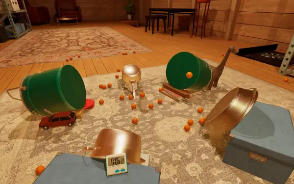 A vibrant HD desktop wallpaper featuring the playful scene of TrickShot Simulator, showcasing colorful buckets and balls scattered across a cozy indoor setting.