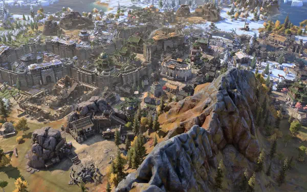 A stunning HD wallpaper from Sid Meier's Civilization VII, showcasing a detailed landscape with fortified cities, mountains, and lush greenery, highlighting the game's immersive world.