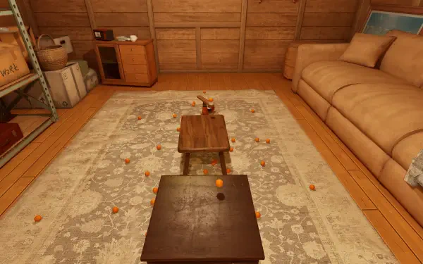 A cozy interior scene from TrickShot Simulator, featuring two wooden tables, scattered oranges, and a couch, showcasing a creative gaming environment in HD.