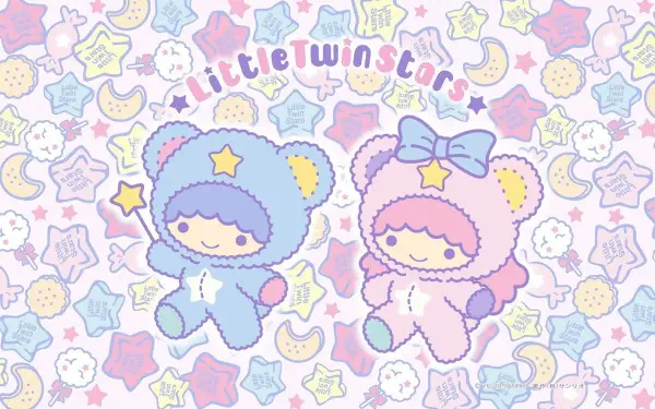 A colorful HD desktop wallpaper featuring the Little Twin Stars characters from Sanrio, set against a whimsical background of stars, moons, and playful patterns.