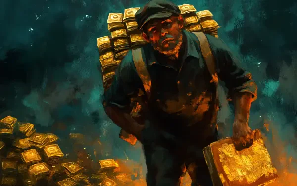 A man, depicted as a wage slave, carries a heavy load while surrounded by towering stacks of gold bars, set against a vivid, dynamic background in this 4K Ultra HD wallpaper.