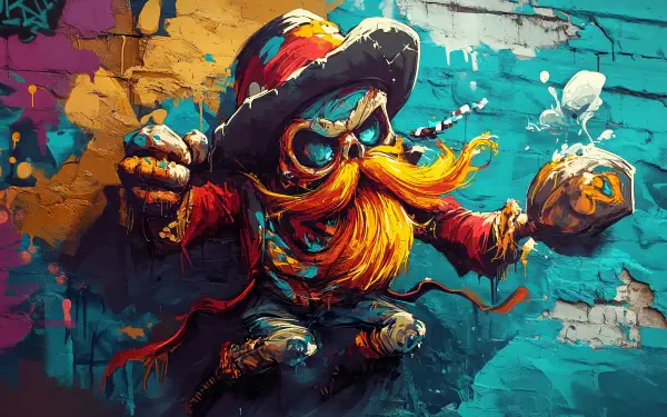 Vibrant graffiti wall featuring a colorful character with a large hat and a striking orange mustache. Captured in 4K Ultra HD, this image makes an eye-catching desktop wallpaper.