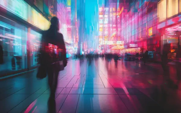 A vibrant city scene featuring chromatic aberration, captured in a dynamic blur of neon colors, perfect as a 4K Ultra HD PC desktop wallpaper and background.