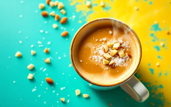 A steaming cup of coffee topped with crushed nuts sits against a vibrant teal and yellow background, accented by scattered garnishes, creating a lively desktop wallpaper.