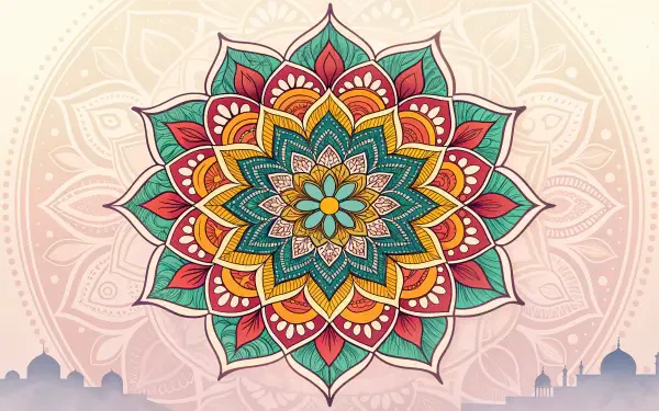 A vibrant mandala design featuring intricate patterns in green, red, and gold, set against a soft background, creating a stunning 4K Ultra HD desktop wallpaper.