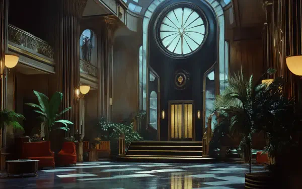 A luxurious Art Deco room with a grand circular window, marble floors, lush plants, and elegant lighting, captured in stunning 4K Ultra HD for a desktop wallpaper.