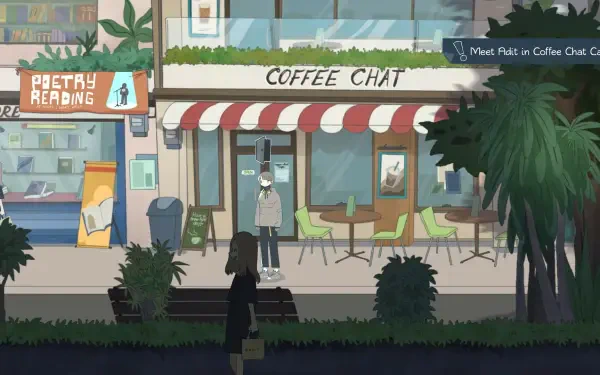 An HD wallpaper from Afterlove EP, depicting a serene street scene with a coffee shop and silhouettes of characters, capturing the game's vibrant atmosphere and art style.
