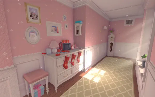 A cozy pink-themed room featuring a dresser with stockings, decorations, and sunlight streaming through, presented as a vibrant 4K Ultra HD PC desktop wallpaper for MiSide.