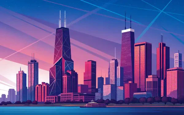 A vibrant 4K Ultra HD illustration of the Chicago skyline at sunset, showcasing towering skyscrapers and a colorful sky reflected over the water.