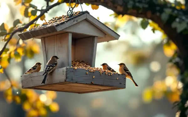 A serene bird feeder hanging among soft, sunlit leaves, surrounded by small birds enjoying seeds, captured in vibrant 4K Ultra HD for a stunning desktop wallpaper.