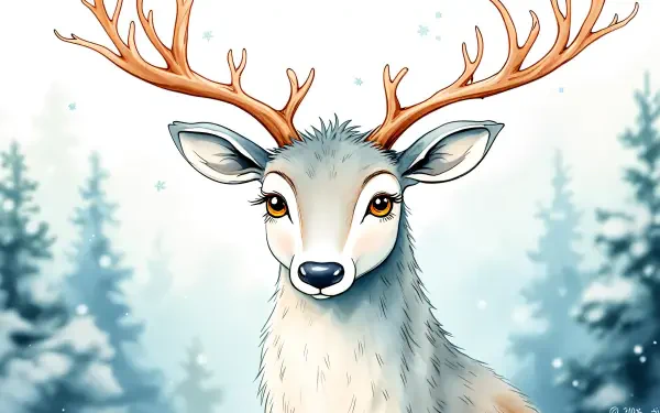 A beautifully illustrated reindeer with majestic antlers, set against a serene snowy background of evergreen trees, perfect for use as a 4K Ultra HD PC desktop wallpaper.