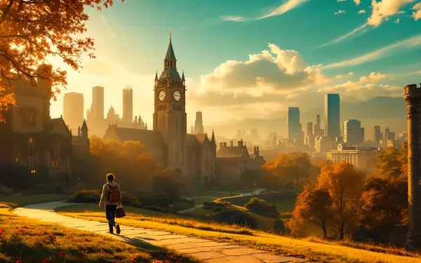 A serene university landscape at sunset, featuring historic architecture and a distant city skyline, captured in vibrant 4K Ultra HD for a stunning desktop wallpaper.