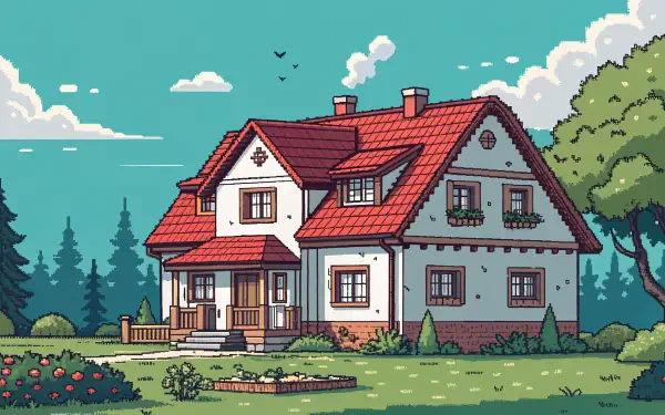 A charming dream home depicted in a colorful, animated style, featuring a red roof, lush greenery, and a serene landscape, perfect for a 4K Ultra HD desktop wallpaper.