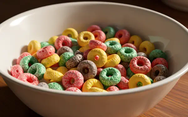 A vibrant bowl filled with colorful cereal rings, showcasing a variety of hues including pink, green, yellow, and brown, set against a warm background in a 4K Ultra HD desktop wallpaper.