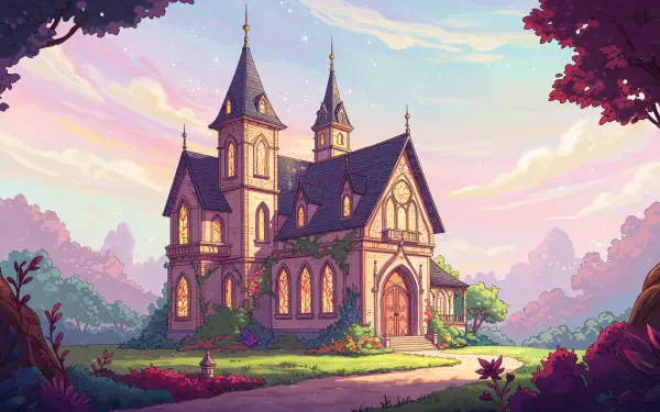 A charming villa with intricate architecture, surrounded by lush greenery and vibrant flowers, set against a pastel sky. A stunning 4K Ultra HD PC desktop wallpaper.