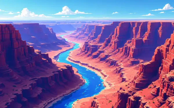 A stunning view of the Grand Canyon showcases vibrant red rock formations and a winding river, captured in vivid detail as a 4K Ultra HD desktop wallpaper.