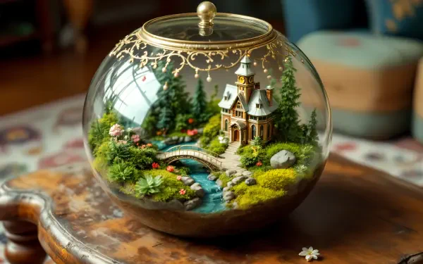 A beautifully crafted terrarium showcases a miniature cottage nestled among vibrant greenery and a winding stream, all set in a glass dome. 4K Ultra HD wallpaper for PC.