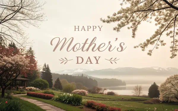A serene landscape featuring blooming flowers and lush greenery, with the text Happy Mother's Day elegantly displayed, perfect as a 4K Ultra HD desktop wallpaper.